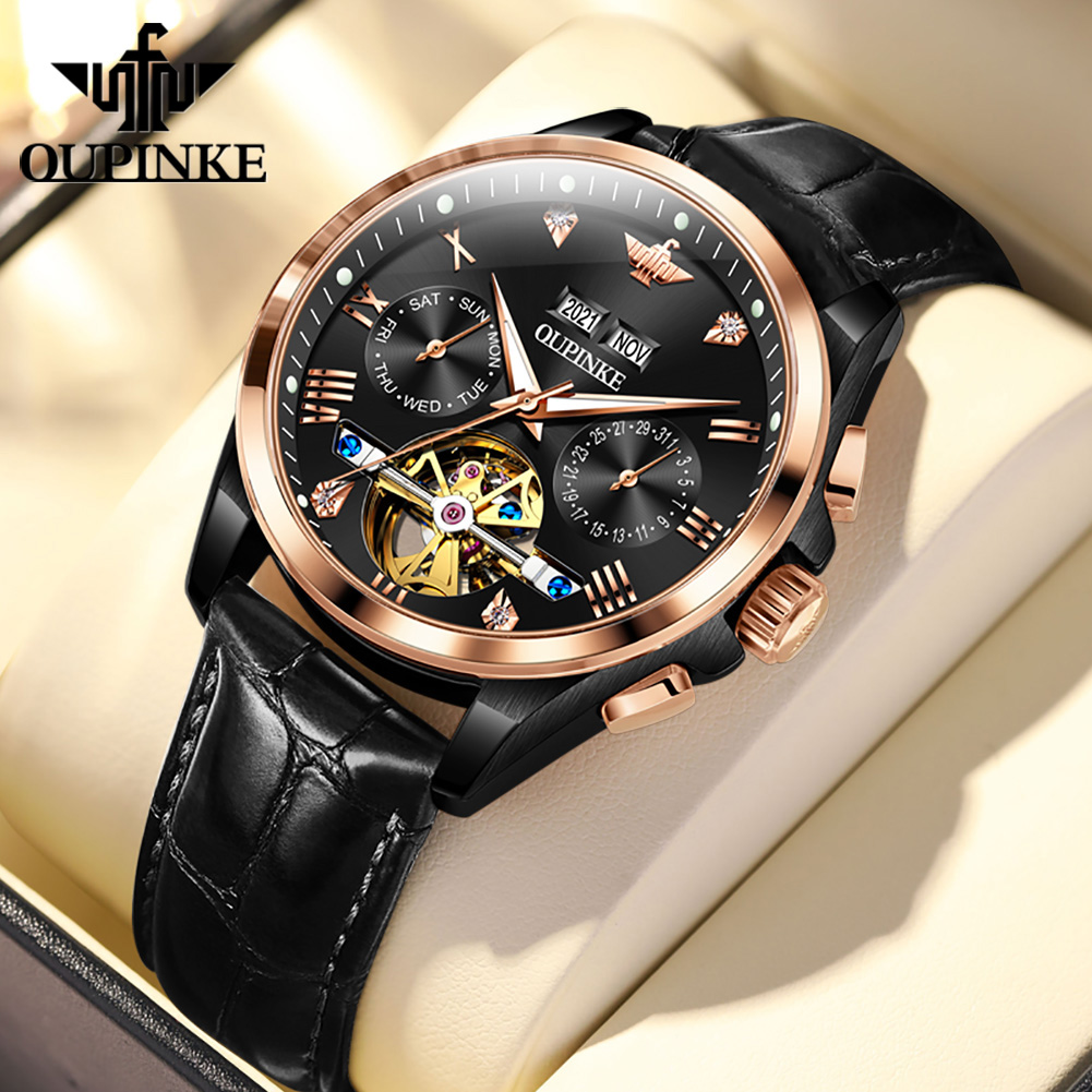 Leather Watch Strap - OUPINKE メンズ腕時計カジュアルファッショントップブランドオリジナル自動機械式時計男性用レザーストラップフライホイールムーブメント日付