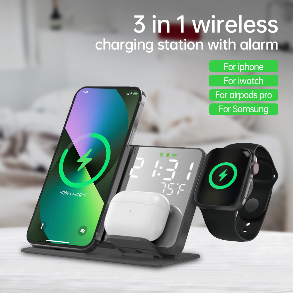 Watch 7 Smartwatch Iphone - 3で1ワイヤレス充電器14 13 12プロ時計S8 7 15ワット高速充電ドックステーションデスクトップledデジタルアラーム時計