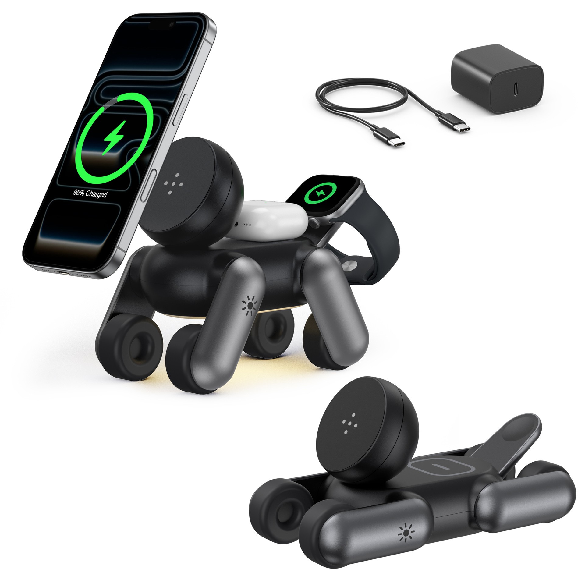 Smartwatch Phone Watches - 3-in-1 マグネット式ワイヤレス充電器 ポータブル MagSafe ロボット犬型ホルダー 多機能急速充電ステーション（スマホ、時計、イヤホン対応）
