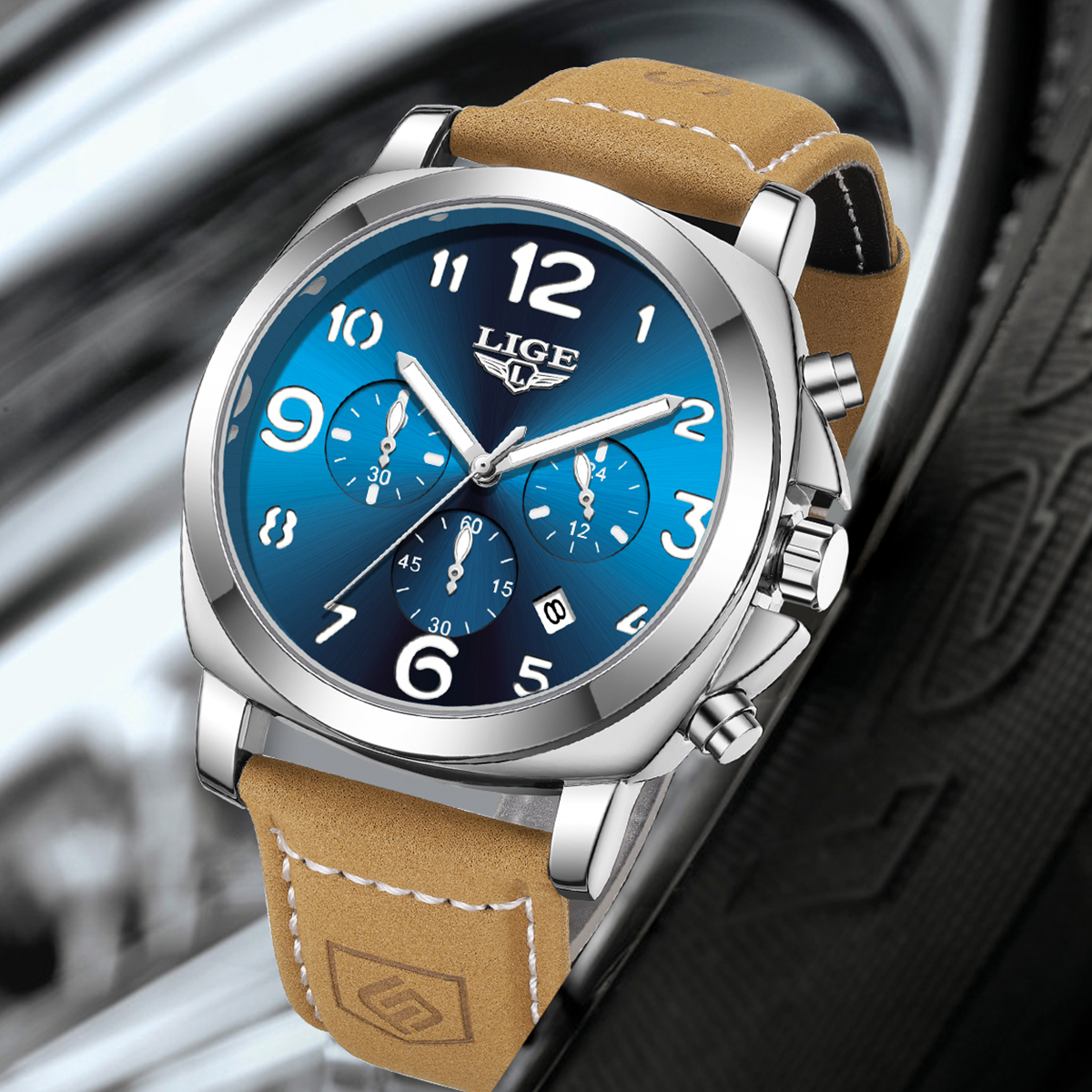 Leather Watch Strap - LIGE カジュアルアウトドアクォーツマンウォッチファッションスポーツ防水発光自動日付レザーストラップ腕時計男性用ギフトボックス