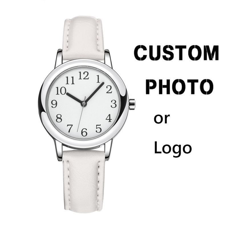 Leather Watch Strap - 白いストラップのスリムなカスタムレディース腕時計、パーソナライズ印刷、カスタマイズ腕時計、カスタマイズ印刷、ギフト腕時計