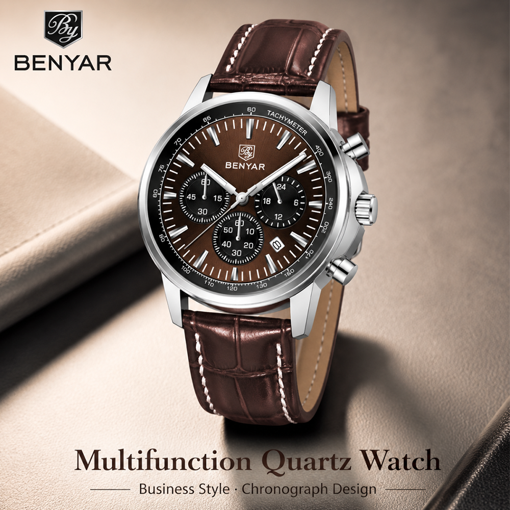 Leather Watch Strap - BENYAR トップブランド多機能メンズクロノグラフレザーストラップ 30M 防水メンズビジネスカジュアルクォーツ時計