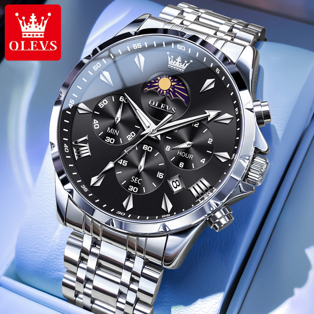 Smartwatch Watches For Men Brands - OLEVS 3653 ブランドムーンフェイズカレンダーメンズ腕時計防水クォーツ時計男性用ステンレス鋼ビジネスクロノグラフ腕時計