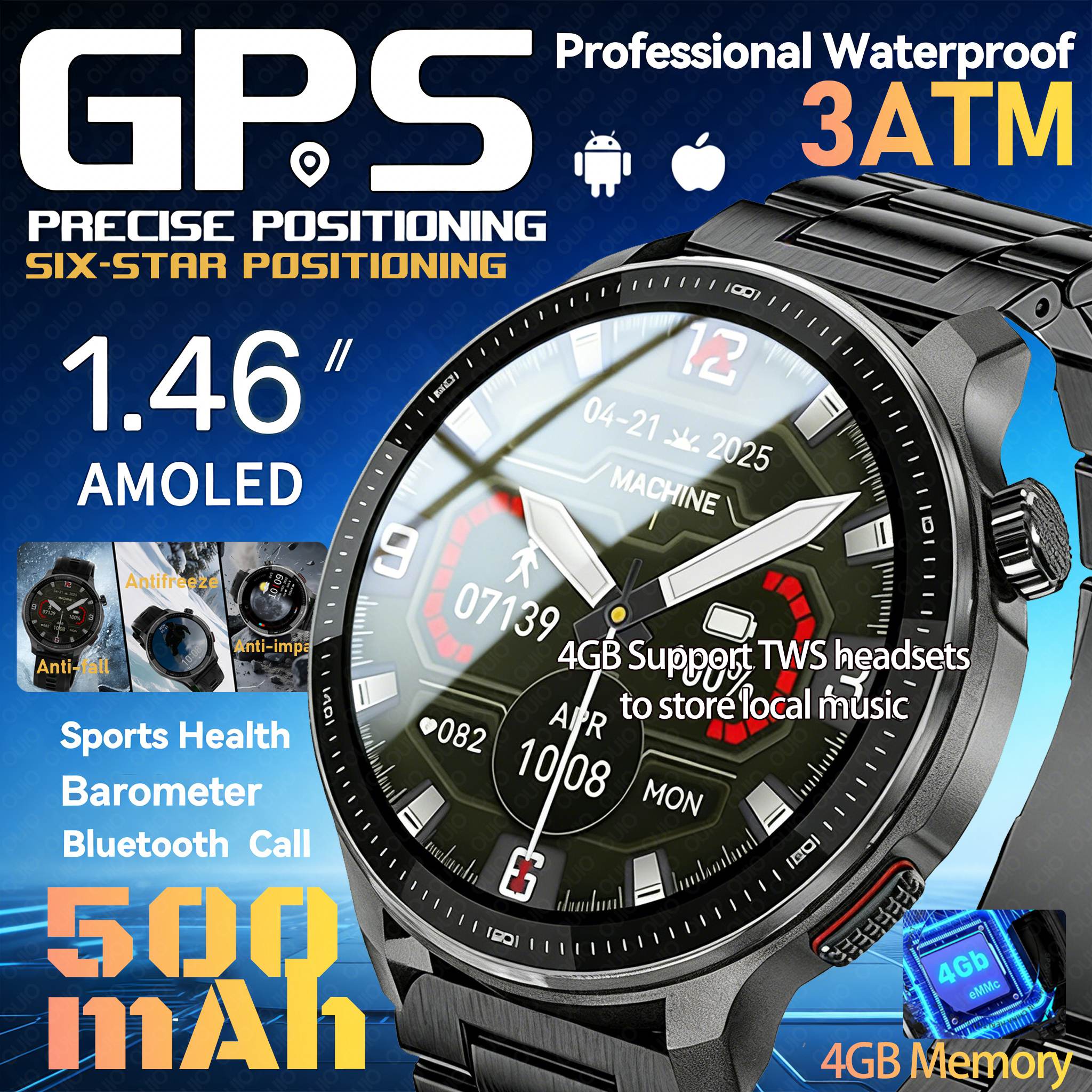 Smartwatch Watches For Men Digital - 2026年新型GPSスマートウォッチ 超長持ちバッテリー 4GBメモリ 3ATM防水 メンズ GPSマップ内蔵
