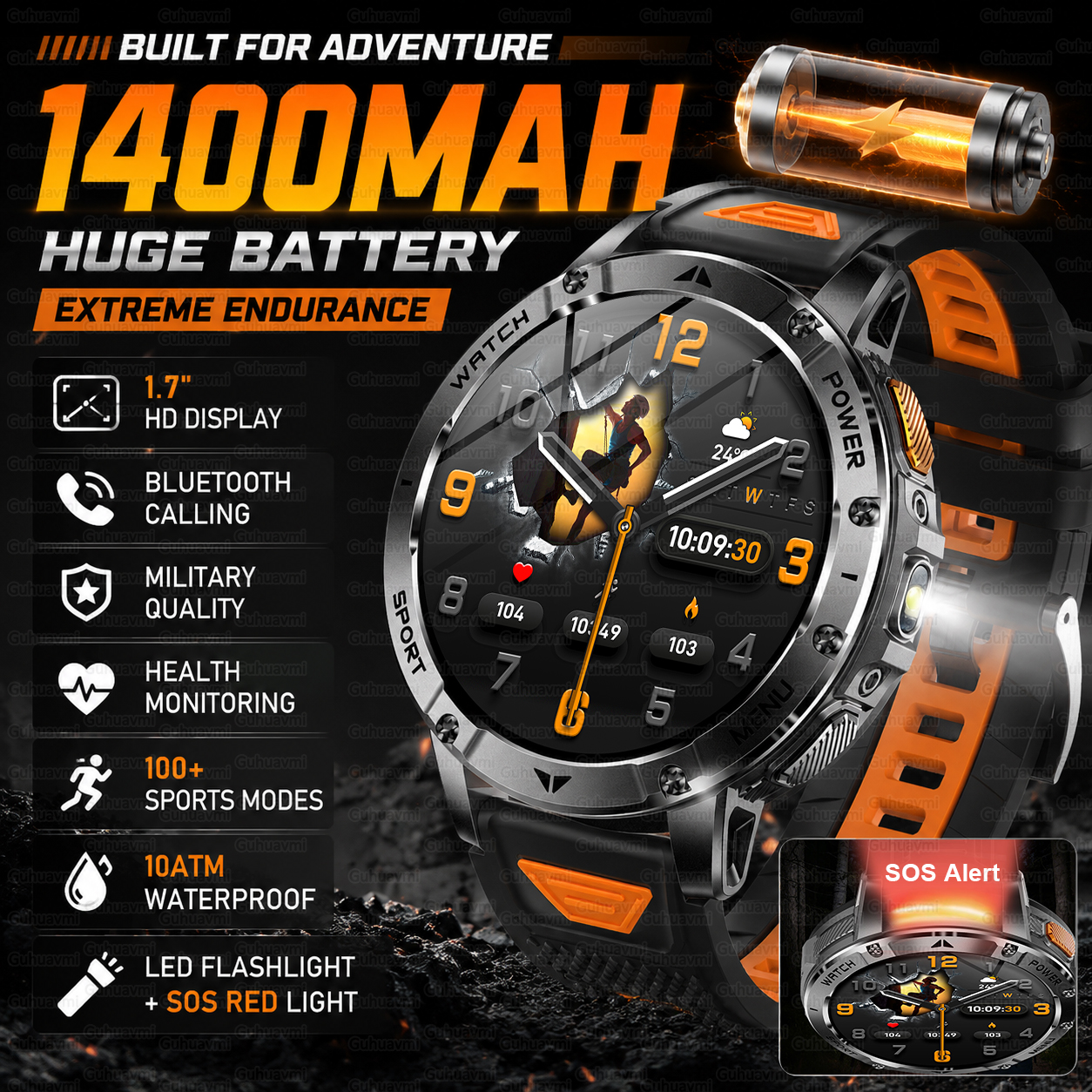 Smartwatch Watches For Men Digital - 1400mAh 大型バッテリー軍事スマートウォッチメンズ 1.7 インチ HD Bluetooth
