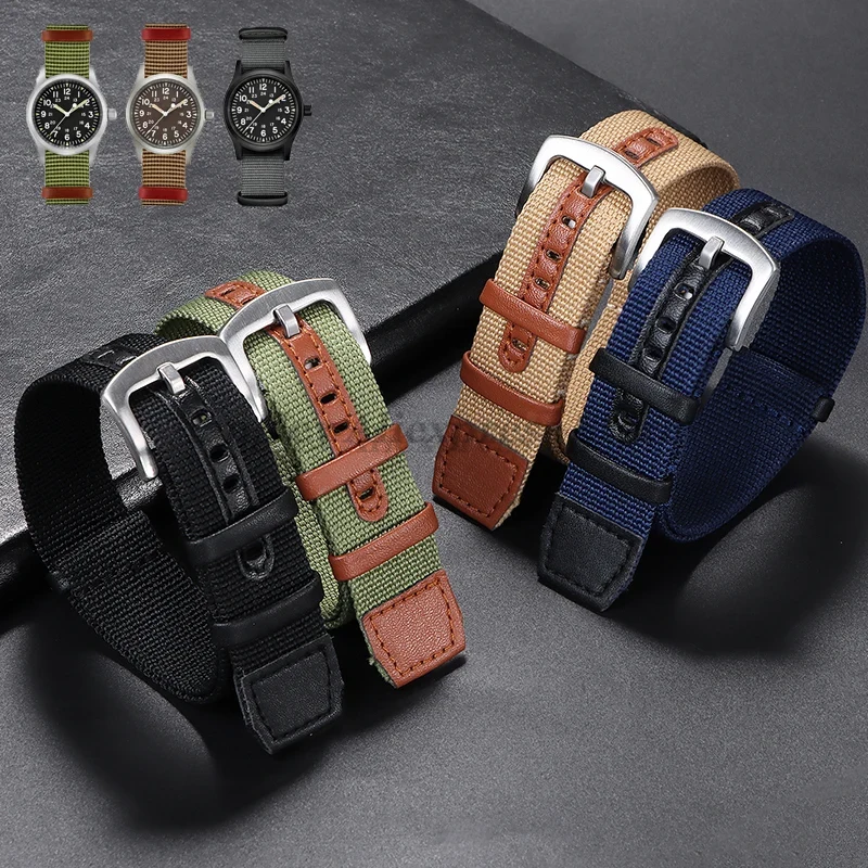 Watches Rolex Smartwatch - 20 ミリメートル 22 ミリメートルキャンバスナイロンパッチレザーストラップロレックス時計用ハミルトンカーキフィールドブレスレットスマートウォッチ交換用リストバンド
