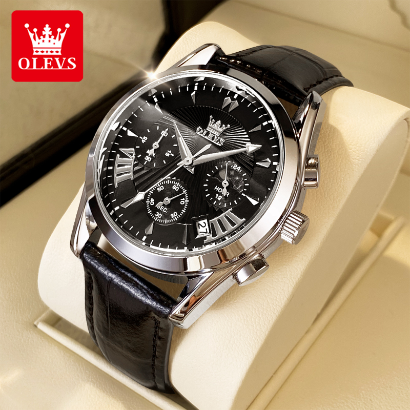 Leather Watch Strap - OLEVS カジュアルファッションメンズ腕時計ムーンフェイズクロノグラフ防水男性腕時計レザーストラップトレンド本物の腕時計男性用