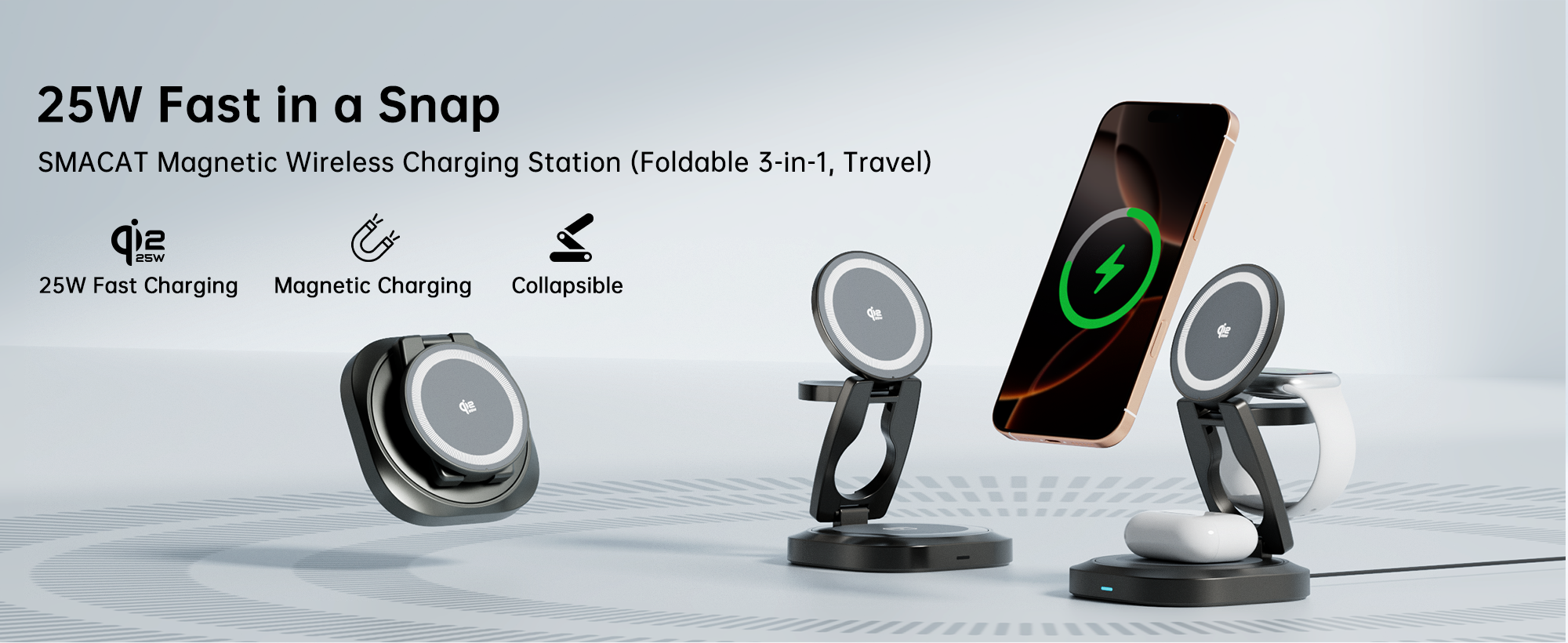 Smartwatch Phone Watches - Qi2.2 折りたたみ式磁気ワイヤレス充電器 25W急速充電 亜鉛合金 360 °