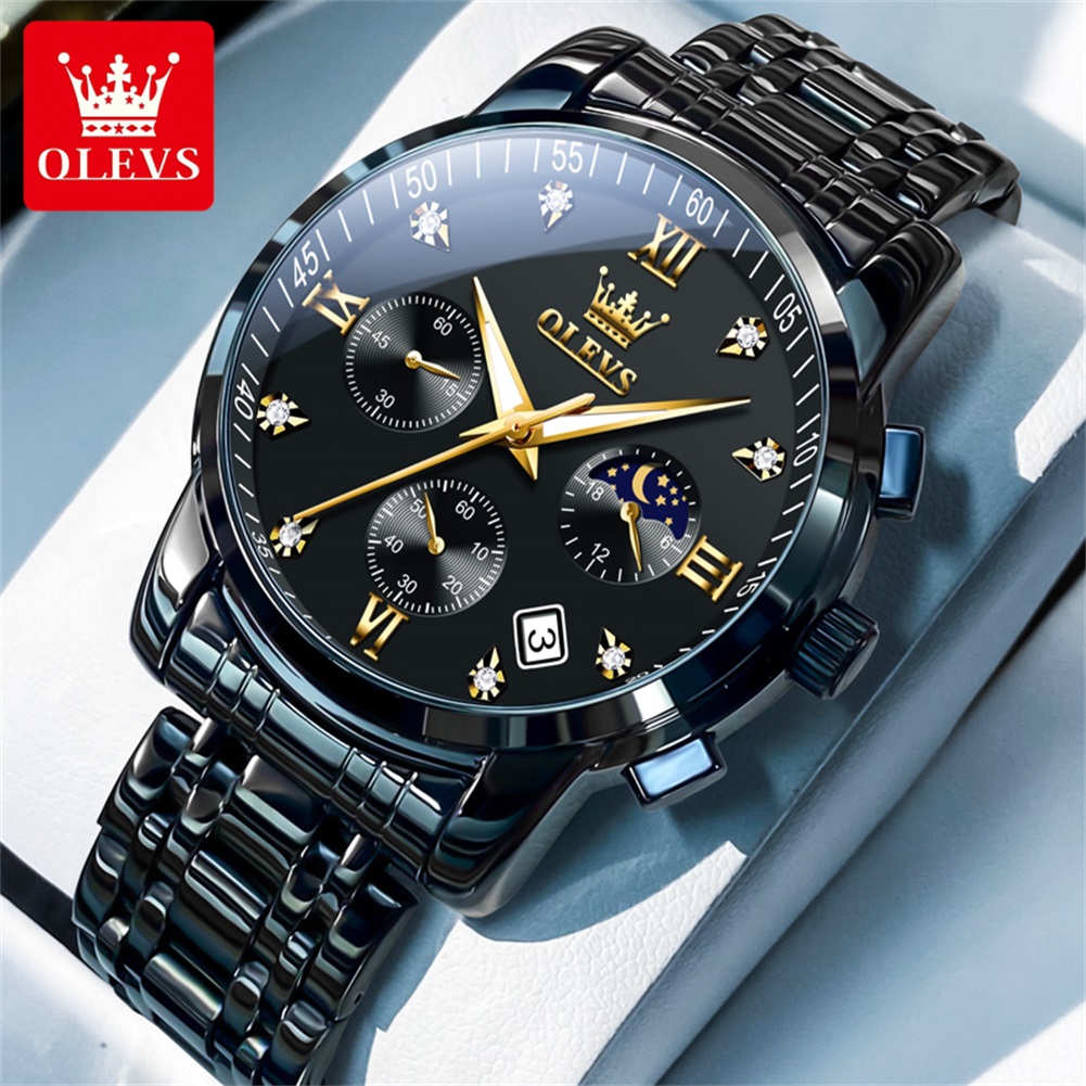 Smartwatch Watches For Men Brands - OLEVS 人気のメンズ腕時計ステンレススチールブラックムーンフェイズクロノグラフクォーツ時計男性日付オリジナルブランド腕時計
