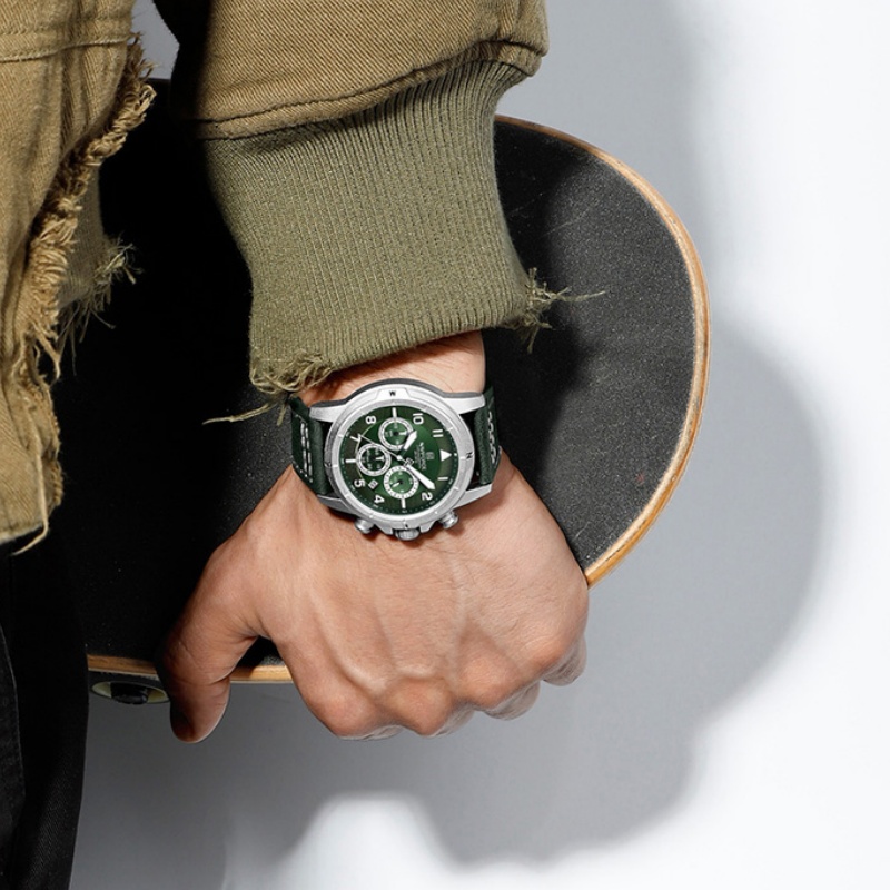 Leather Watch Strap - NAVIFORCE ビジネスメンズクォーツクロノグラフ腕時計 3ATM 防水日付表示レザーストラップファッション腕時計パッケージギフト
