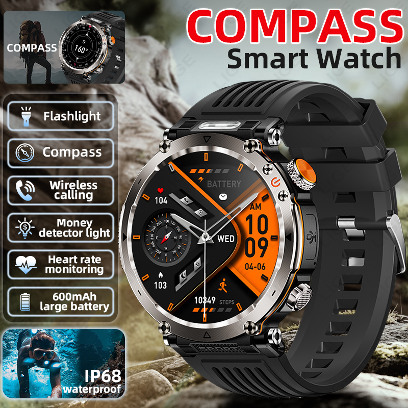 Smartwatch I Watches - 新しい軍事屋外スマートウォッチ男性心拍数モニター時計 LED 懐中電灯防水スポーツブレスレット BT コール AMOLED