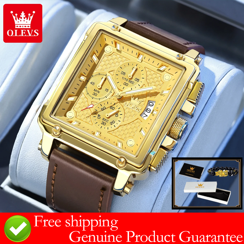 Leather Watch Strap - OLEVS ブランドメンズ腕時計防水レザーストラップクロノグラフクォーツ時計男性用日付ゴールドスクエアダイヤル本物の男性腕時計
