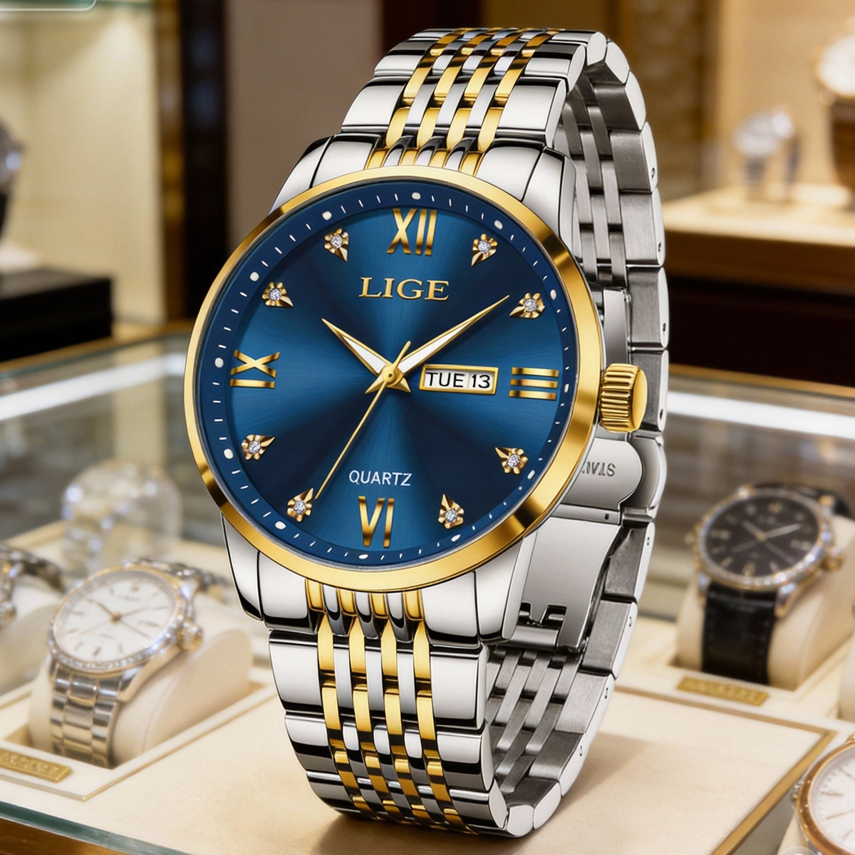 Smartwatch Watches For Men Digital - LIGE メンズ腕時計ウォーターダイヤモンド高級ナイトグローダブルカレンダークォーツムーブメントブルーゴールドステンレススチールファッションビジネスウォッチ