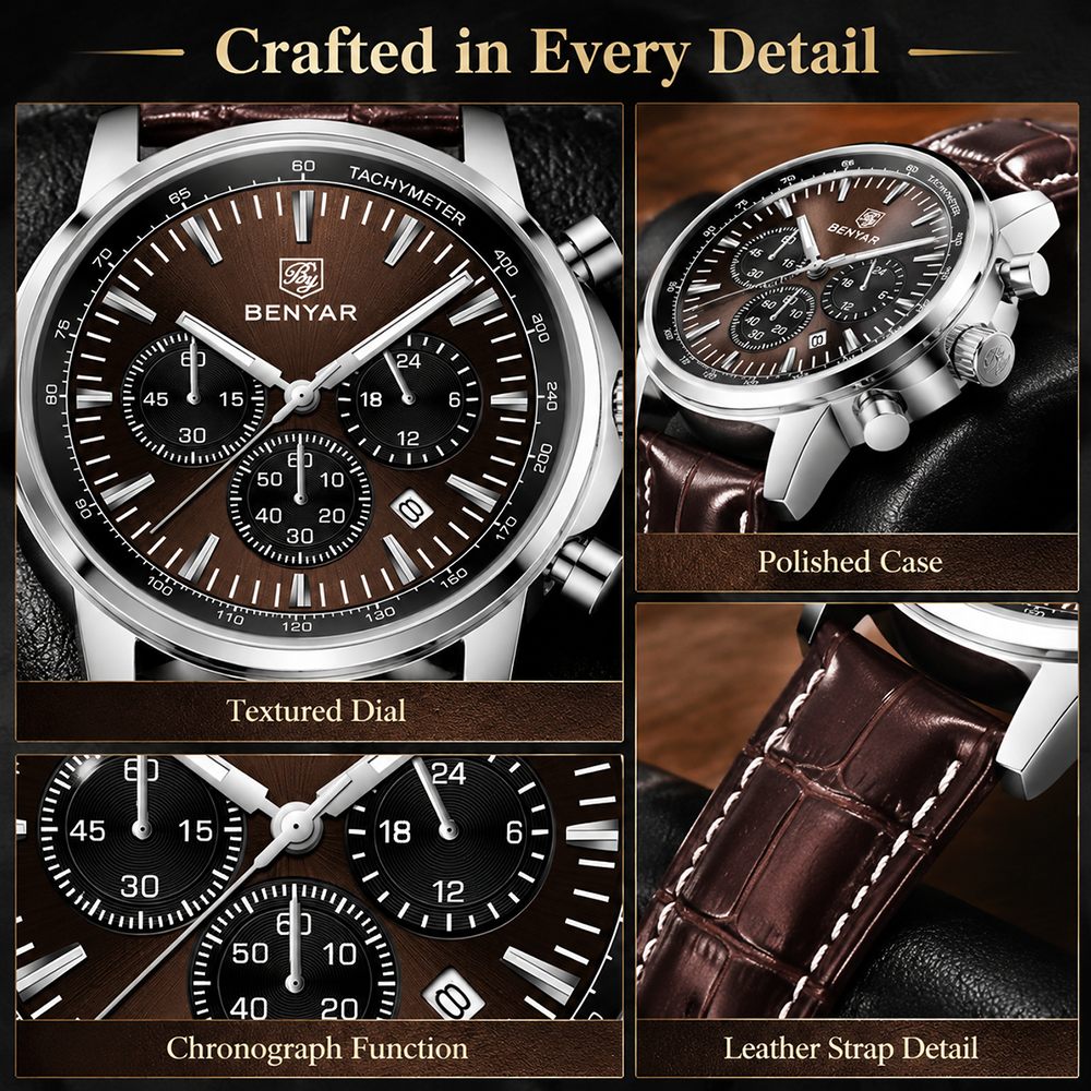 BENYAR トップブランド多機能メンズクロノグラフレザース - Leather Watch Strap のレビューと価格