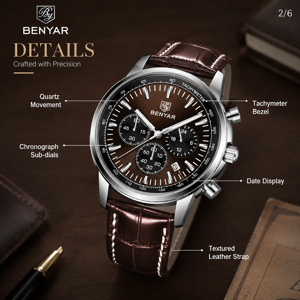 BENYAR トップブランド多機能メンズクロノグラフレザース - Leather Watch Strap のレビューと価格