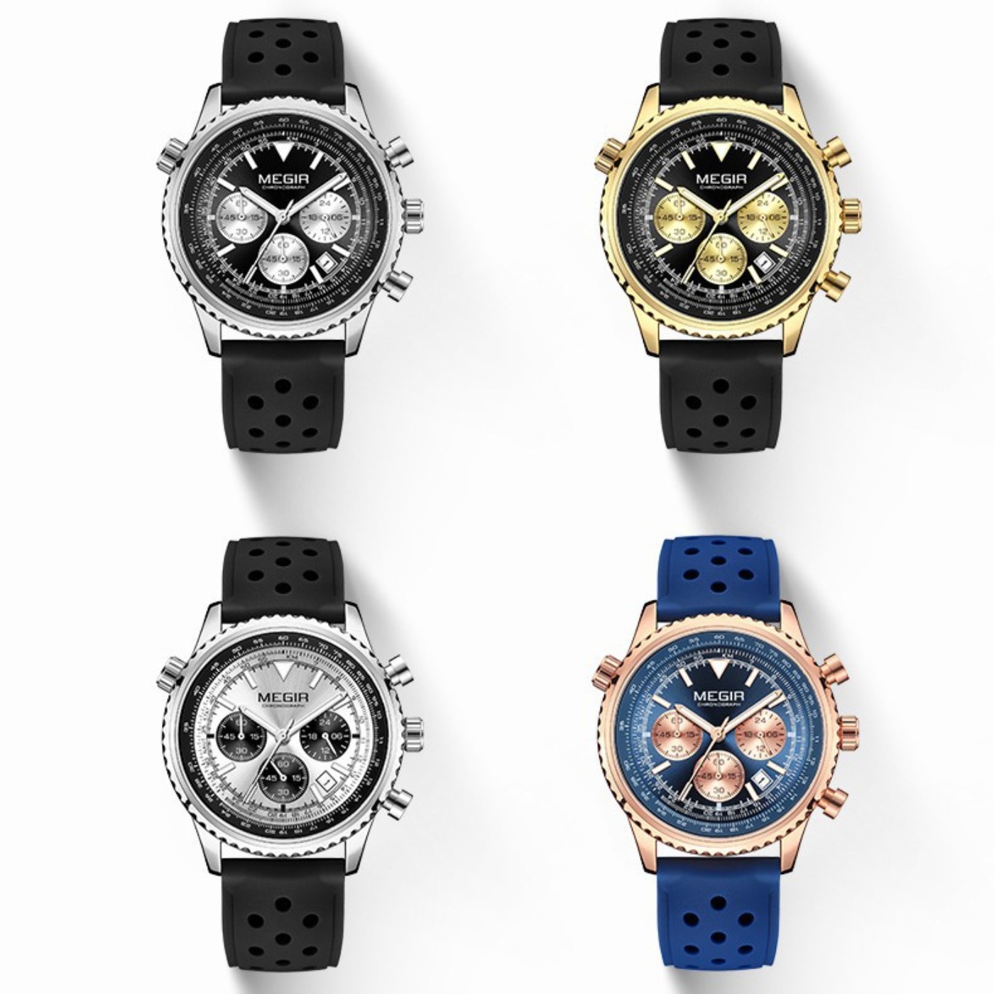 MEGIR シルバーブラッククォーツ時計メンズミリタリースポ - Leather Watch Strap のレビューと価格