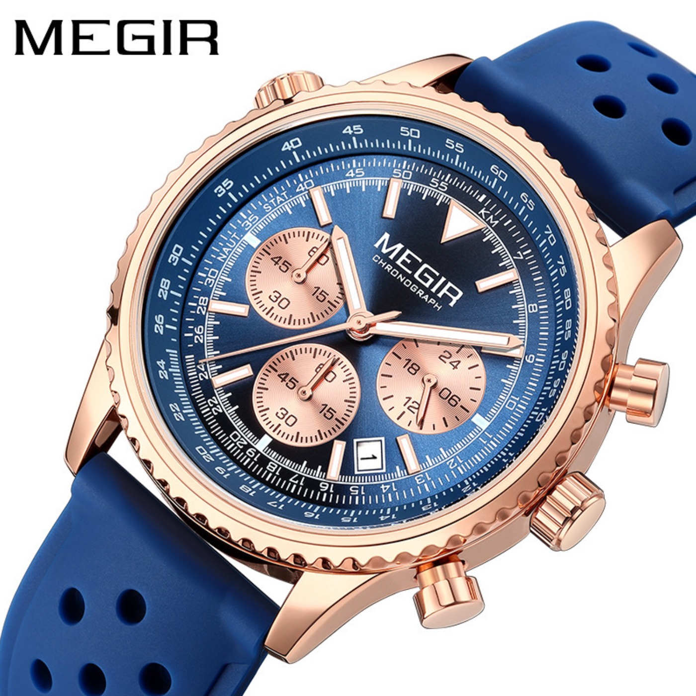 MEGIR シルバーブラッククォーツ時計メンズミリタリースポ - Leather Watch Strap のレビューと価格