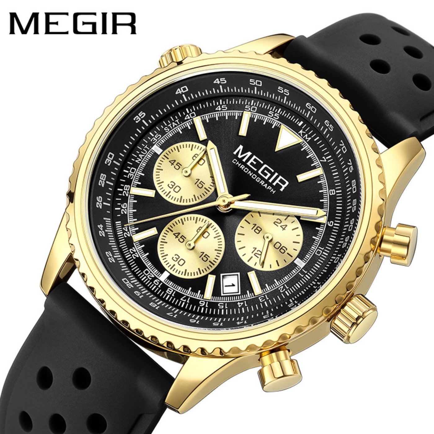 MEGIR シルバーブラッククォーツ時計メンズミリタリースポ - Leather Watch Strap のレビューと価格
