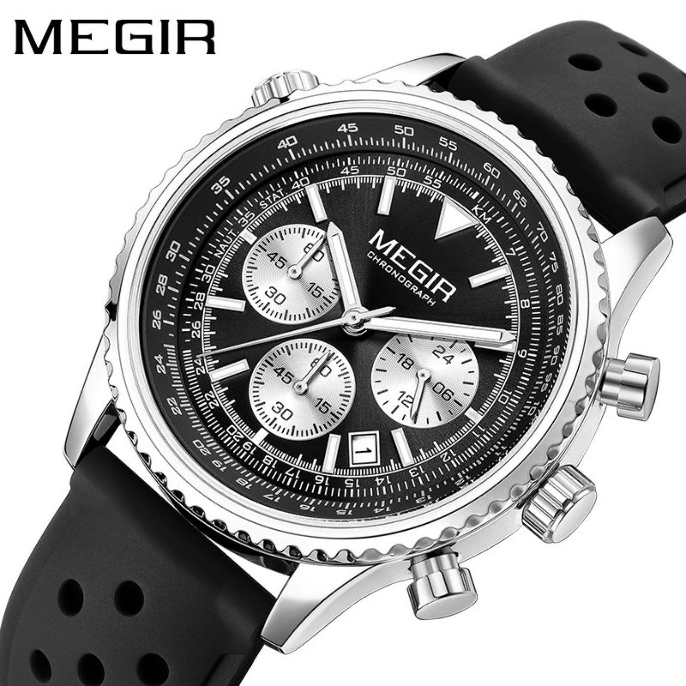 MEGIR シルバーブラッククォーツ時計メンズミリタリースポ - Leather Watch Strap のレビューと価格