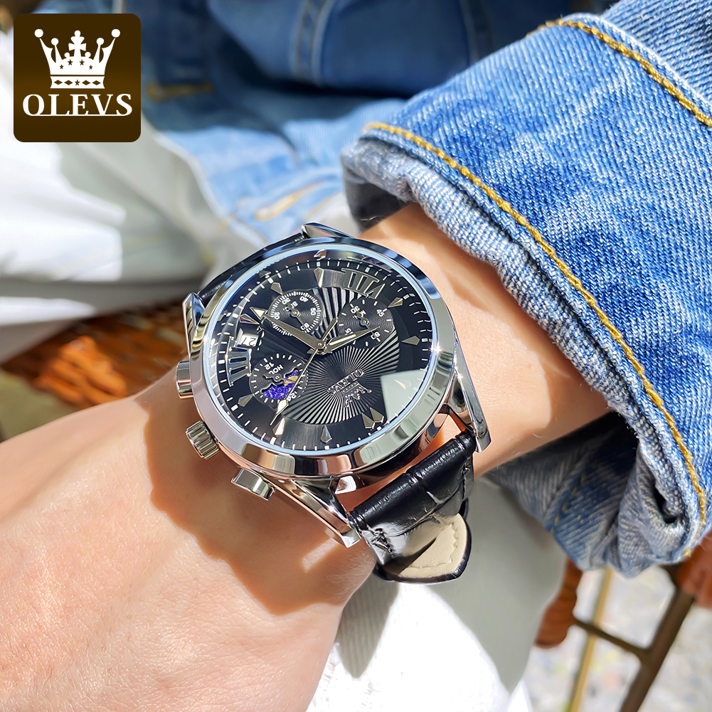 OLEVS カジュアルファッションメンズ腕時計ムーンフェイズ - Leather Watch Strap のレビューと価格