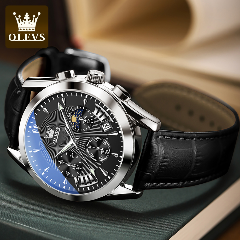 OLEVS カジュアルファッションメンズ腕時計ムーンフェイズ - Leather Watch Strap のレビューと価格