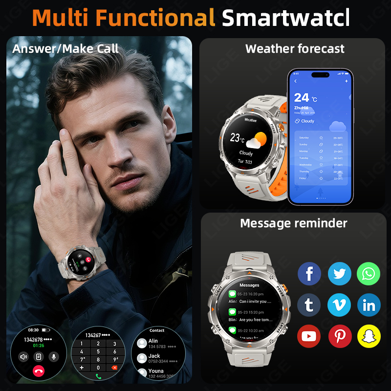 LIGE 頑丈な GPS 追跡スマートウォッチ男性 LED  - Smartwatch I Watches のレビューと価格