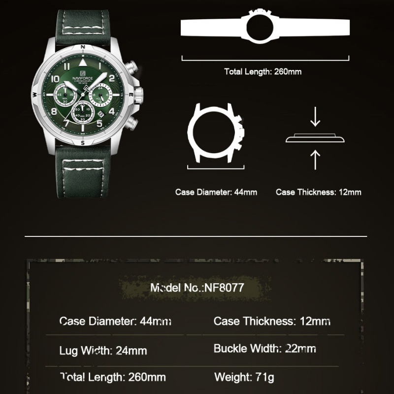 NAVIFORCE ビジネスメンズクォーツクロノグラフ腕時計 - Leather Watch Strap のレビューと価格