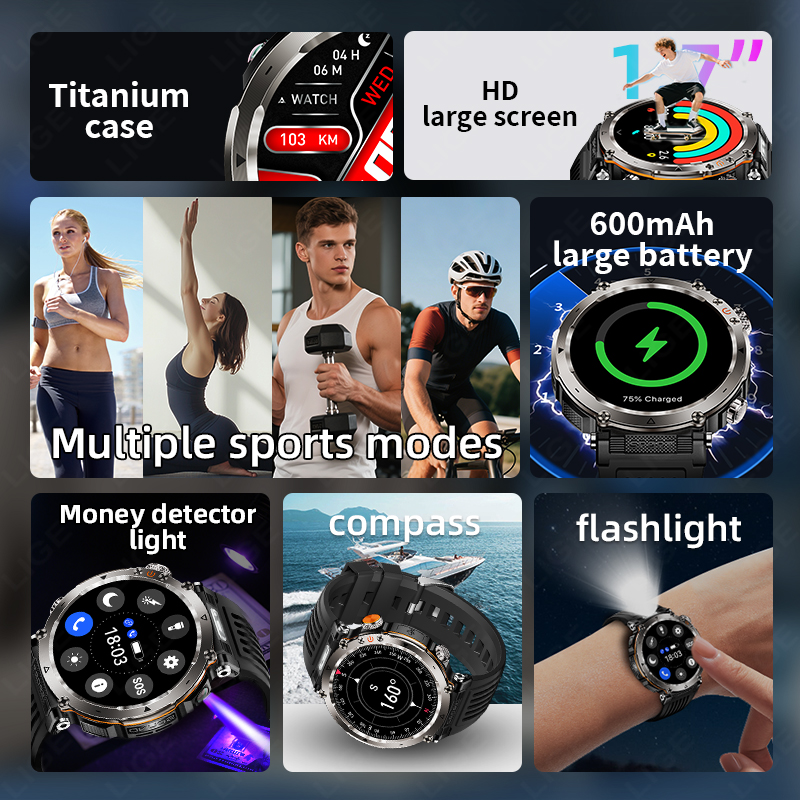 新しい軍事屋外スマートウォッチ男性心拍数モニター時計 LED - Smartwatch I Watches のレビューと価格