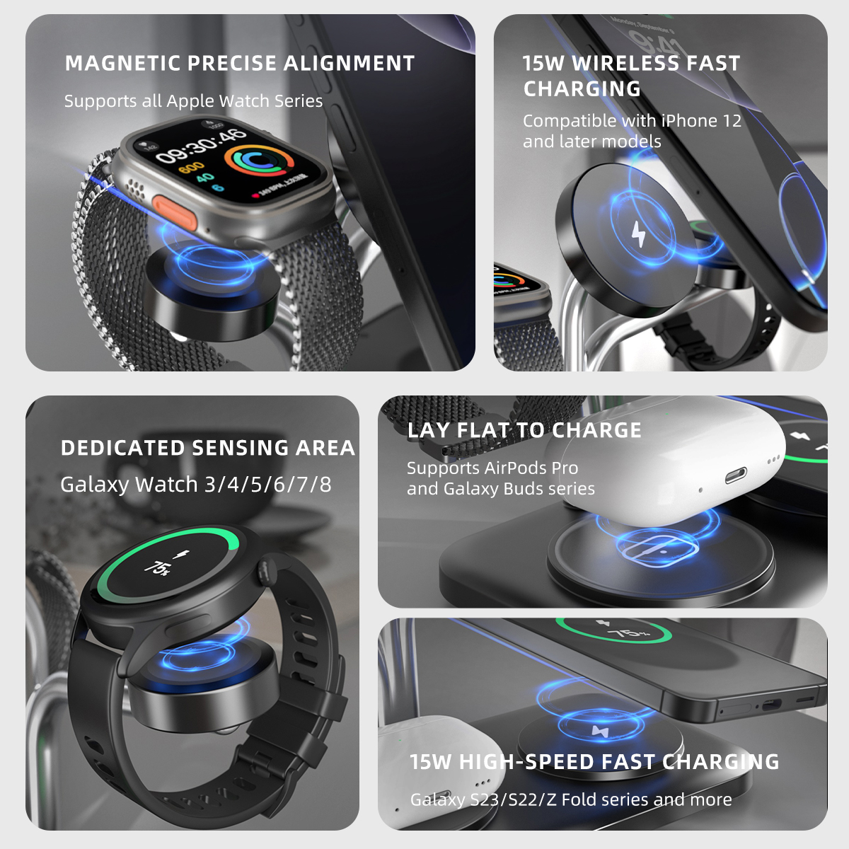 5 in 1 磁気ワイヤレス充電器、デュアルフォンとウォッチ - Smartwatch Phone Watches のレビューと価格