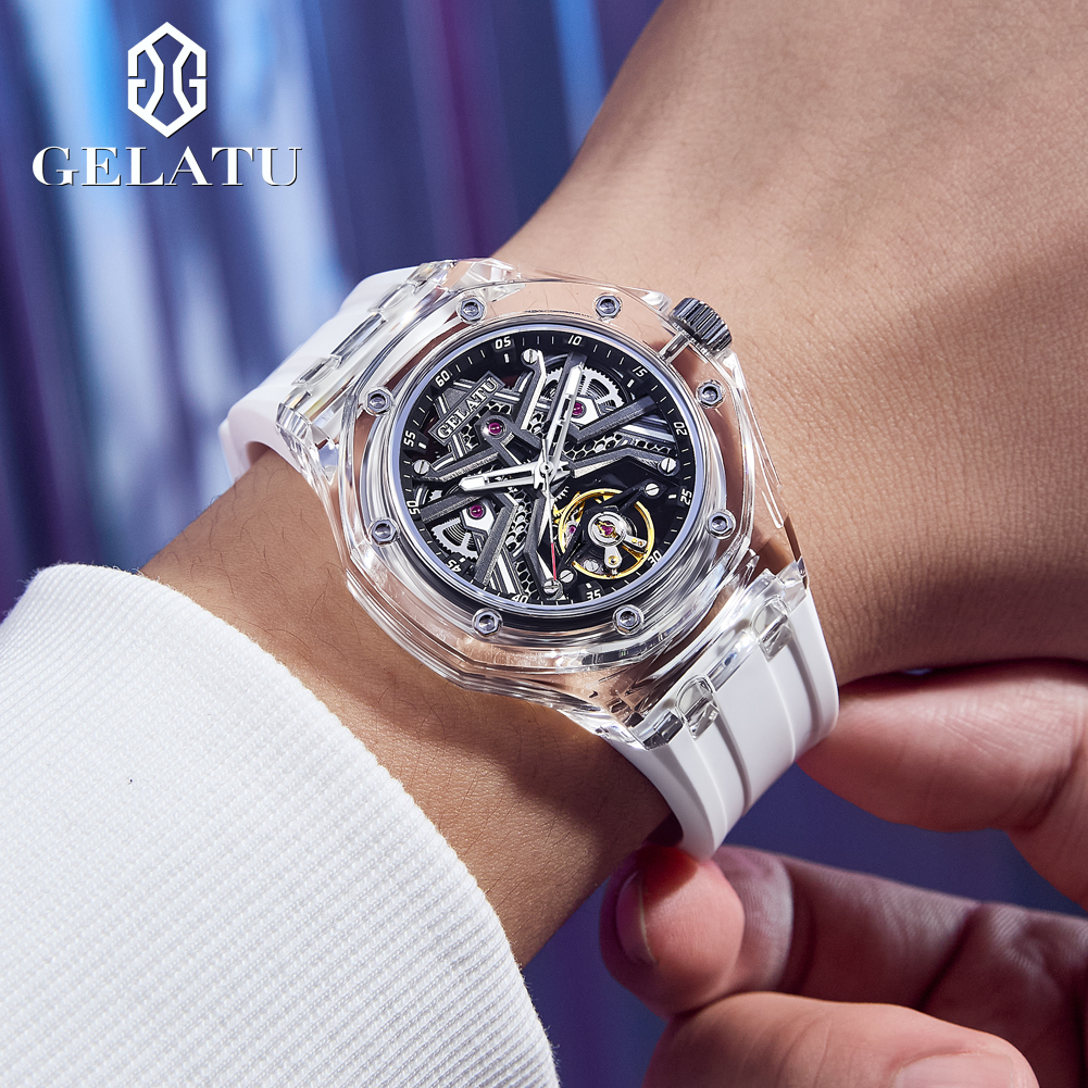 GELATU 8002 自動巻き機械式メンズ腕時計 スケルト - Leather Watch Strap のレビューと価格